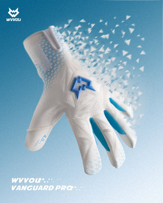 White goalkeeper glove with blue accents, 4.0mm latex palm, and dynamic particle effect on blue background