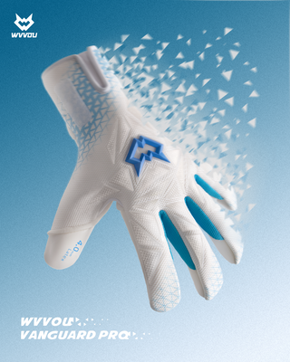 White goalkeeper glove with blue accents, 4.0mm latex palm, and dynamic particle effect on blue background