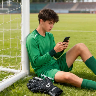 Young goalkeeper in green kit using phone beside goalpost with black gloves on grass