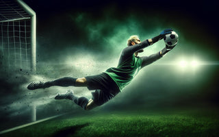 Goalkeeper in green jersey dives to save soccer ball with pro-level gloves under stadium lights